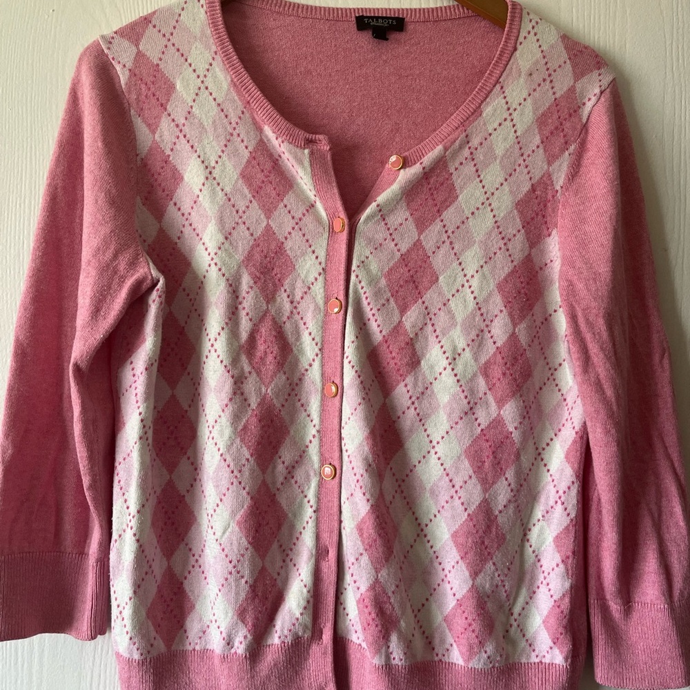 Talbots Pink and White Argyle Cardigan Sweater